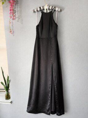 Lulu’s Black Satin Halter Maxi Dress • Size Medium